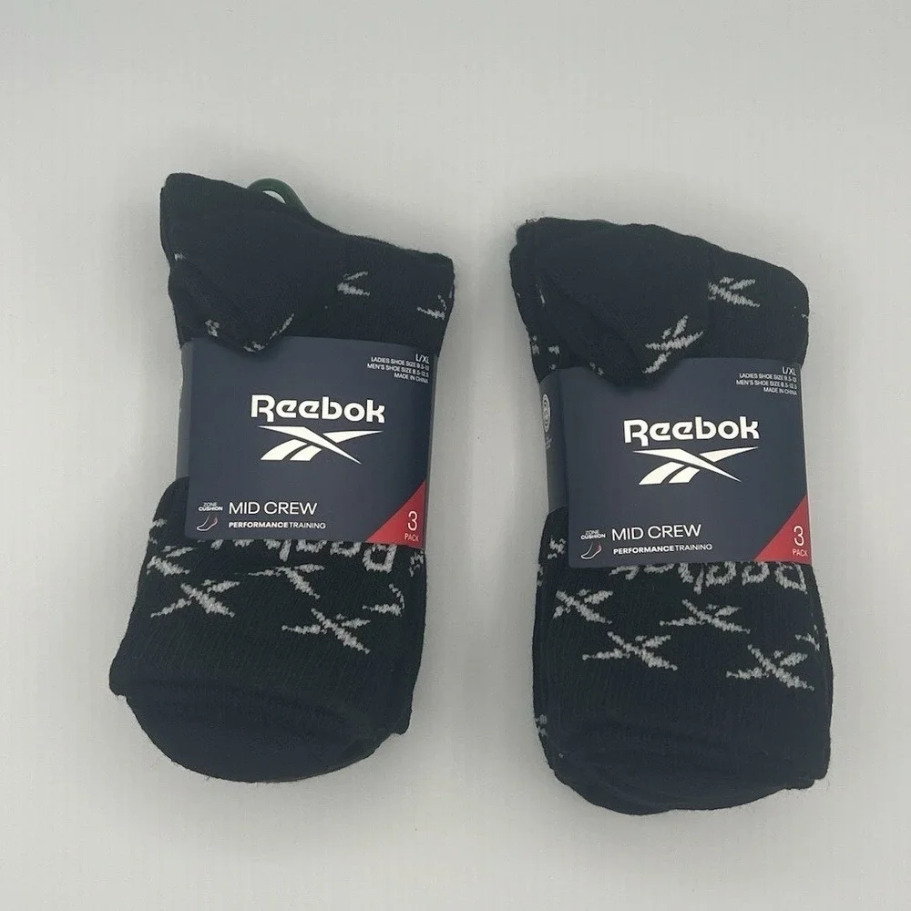 Reebok Mid Crew Performance Training Black Logo Socks - Men's Size 8.5 - 12.5